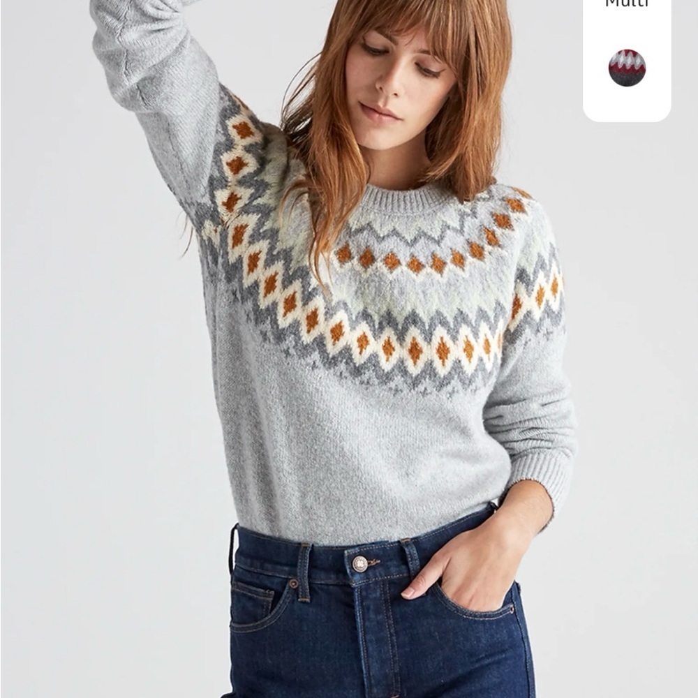 Lucky Brand Fair Isle Knit Sweater Gray Nordic Cozy Crewneck Size L